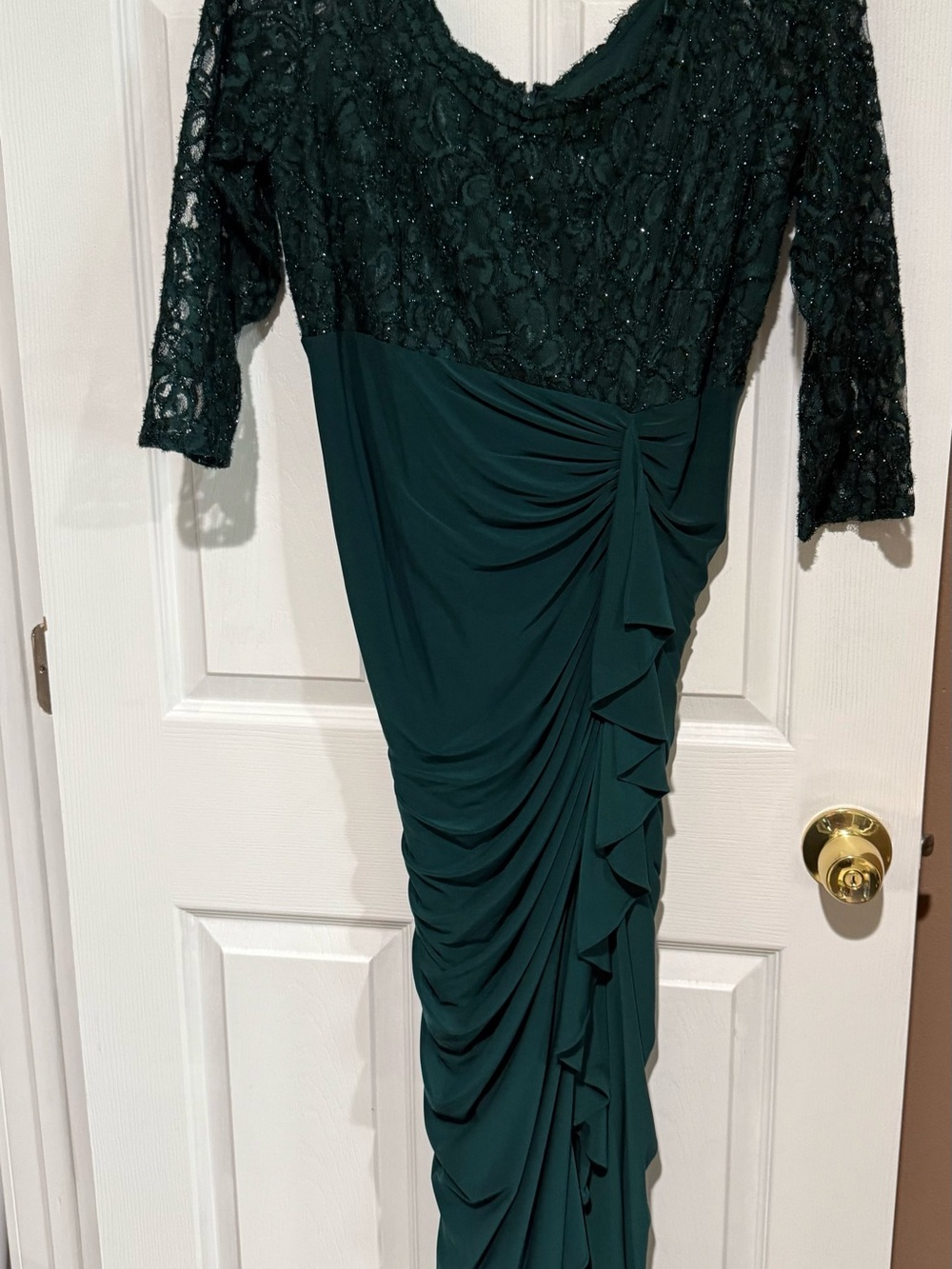 Betsy & Adam Dark Green Lace Bodice Draped Ruffle Gown